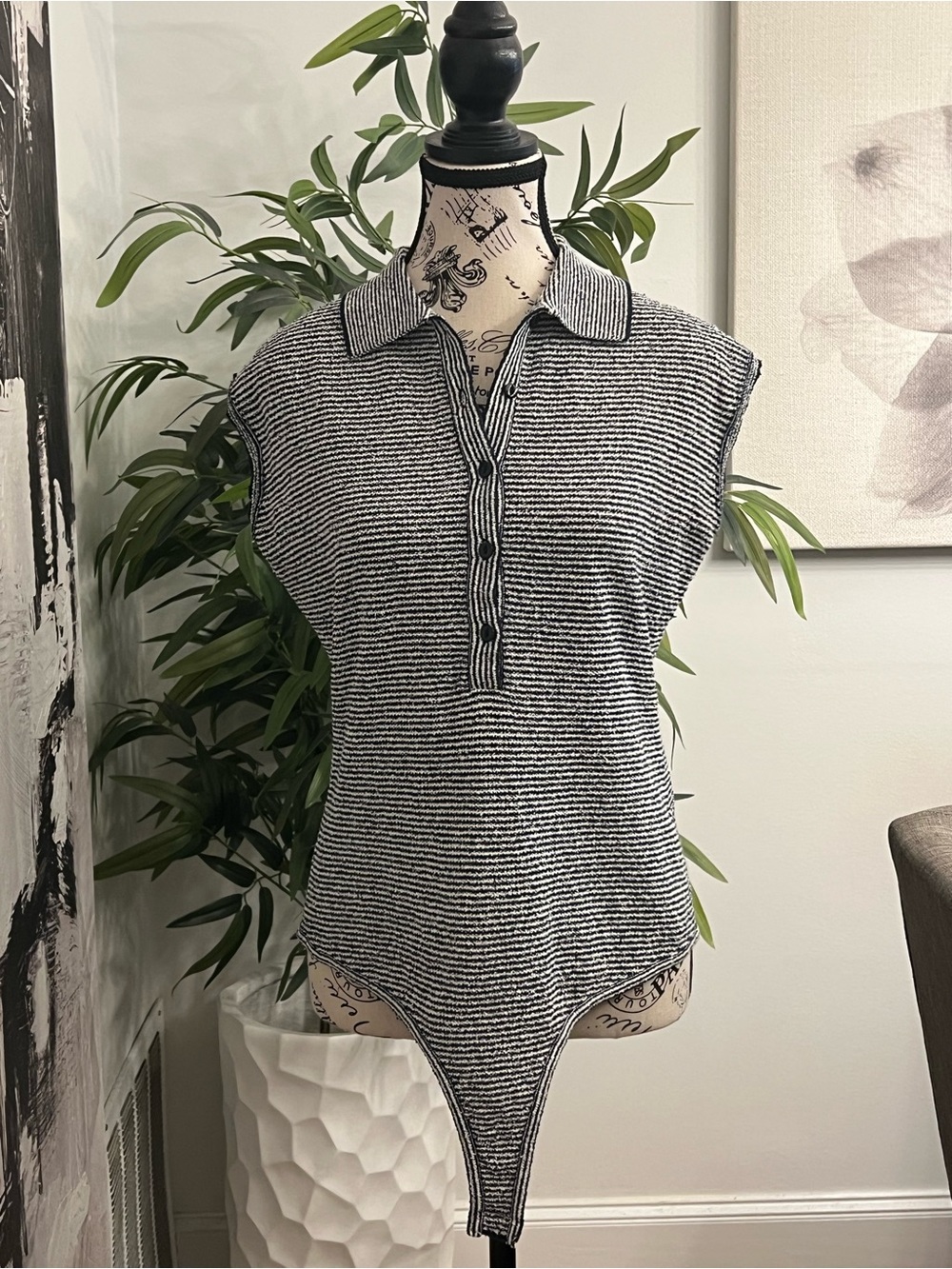 Zara Navy & White Striped Knit Polo Bodysuit